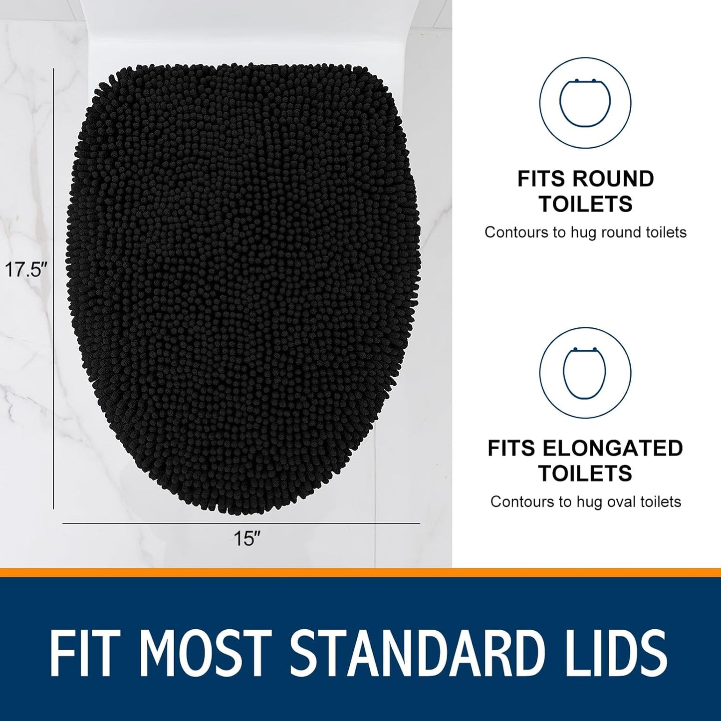 Soft Chenille Bathroom Toilet Lid Cover, Machine Washable Covers, 17.5X15, Fits Most Round, Elongated and Oblong Lids, Accessories Decor, Black