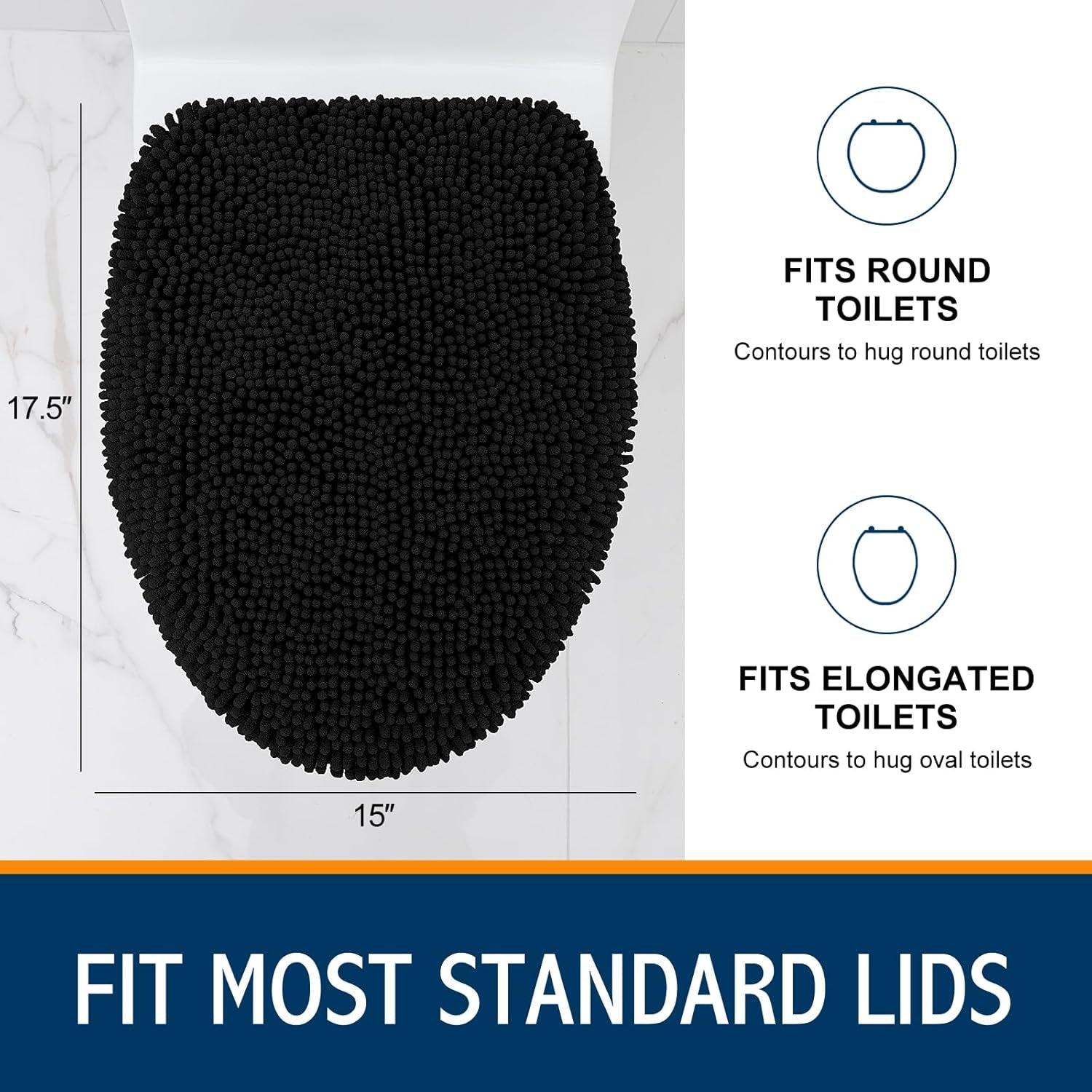 Soft Chenille Bathroom Toilet Lid Cover, Machine Washable Covers, 17.5X15, Fits Most Round, Elongated and Oblong Lids, Accessories Decor, Black