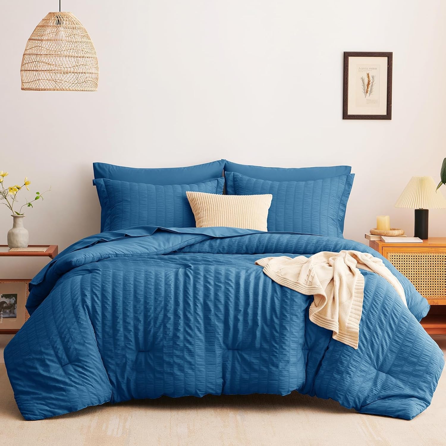 Full Seersucker Comforter Set with Teal Bed in a Bag 7-Pieces All Season Bedding Sets with Comforter, Pillow Sham, Flat Sheet, Fitted Sheet, Pillowcase