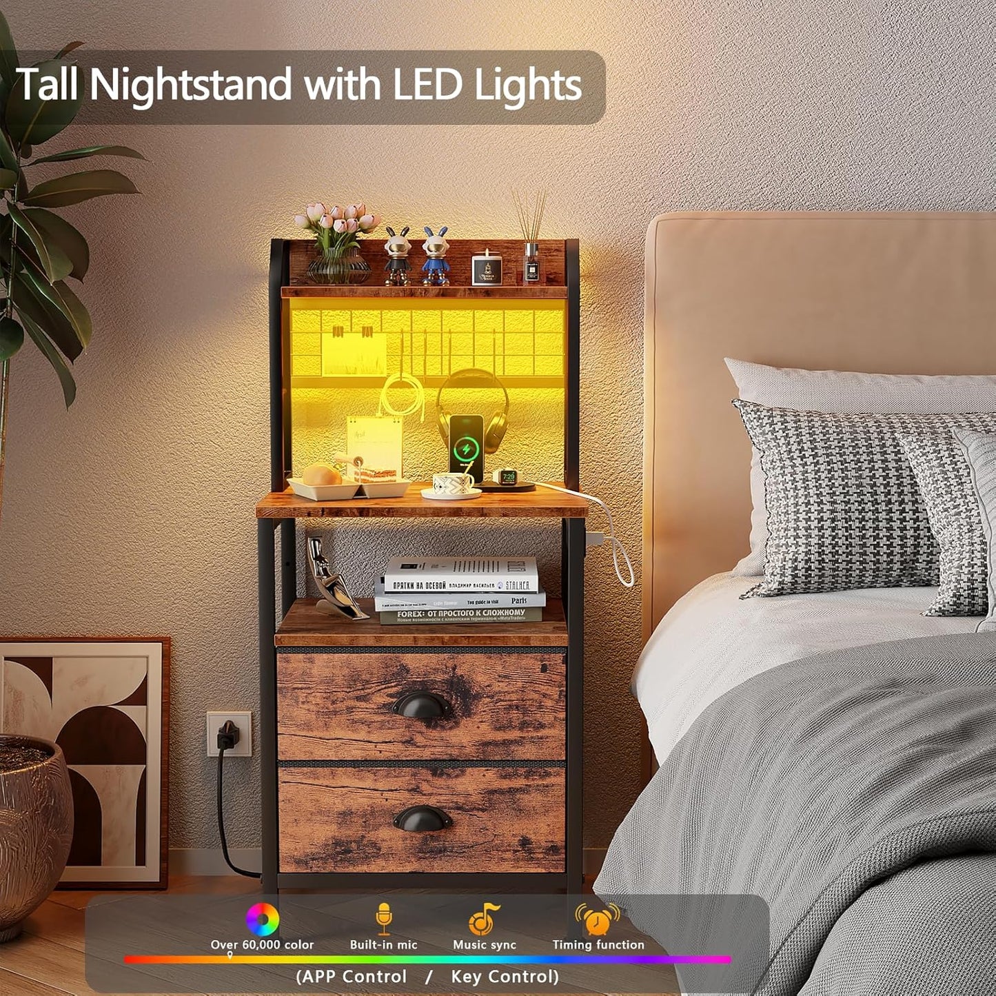 40'' Tall Nightstand with Charging Station, Bedside Table with LED Lights, End Table with 2 Drawers and Storage Shelves, Night Stand with Pegboard for Bedroom, Rustic Brown