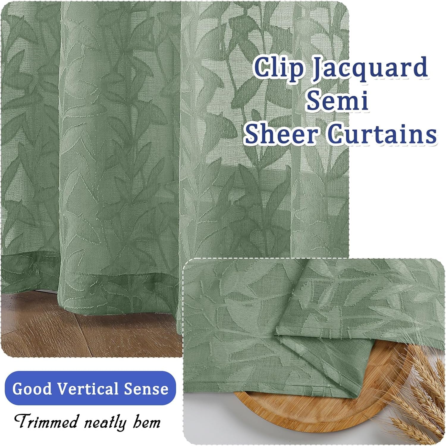 Sage Green Sheer Curtains 84 Inches Long 2 Panels Set, Light Filtering Soft Airy Leaf Elegant Sheer Curtains for Bedroom Living Room, 42Wx84L Inches, 2 Panels