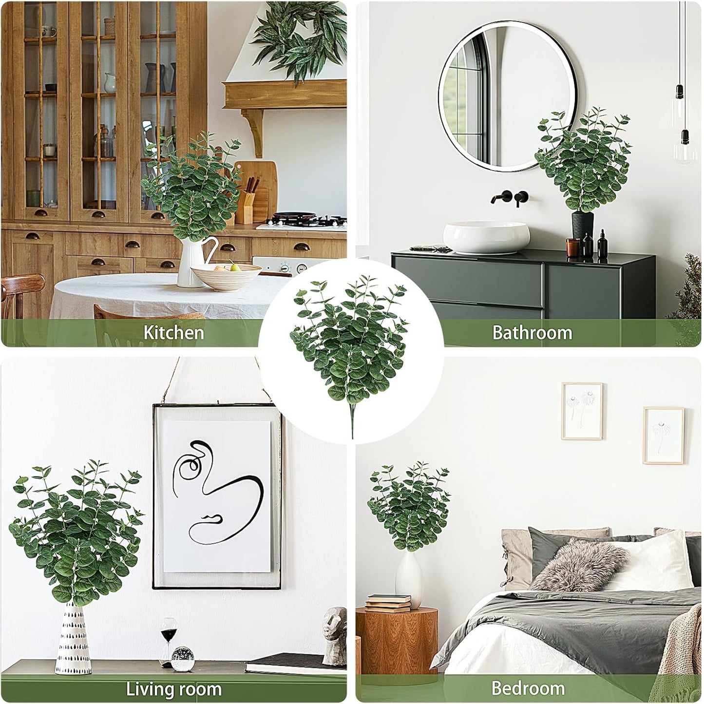 2 PCS Artificial Eucalyptus Stems, 25" Fake Plants Faux Greenery Stems for Centerpiece Table Decorations Flower Arrangement Wedding Kitchen Island Home Vase Decor, Green