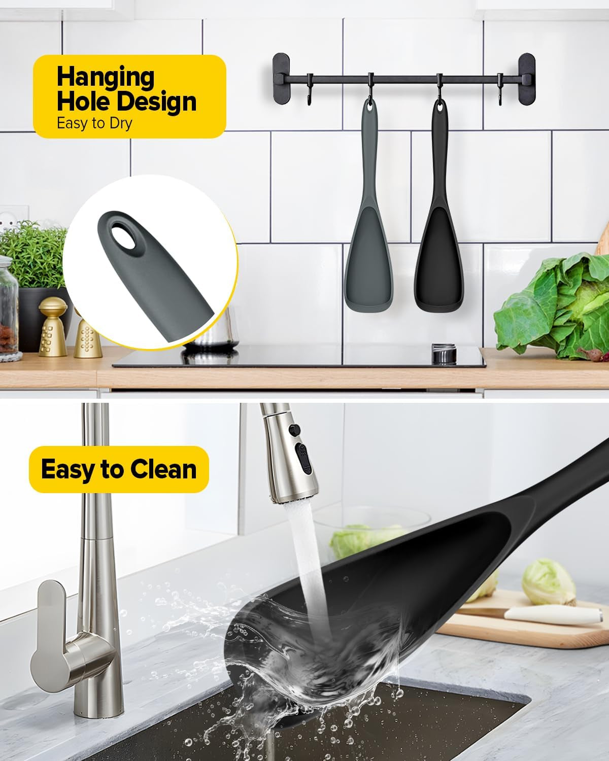 Pack of 2 Cooking Spoons for Non Stick Cookware, Multifunction Spatula Spoon Bpa-Free, One-Piece Design, Suitable for Scooping, Scraping, Serving and Mixing(Black-Gray)