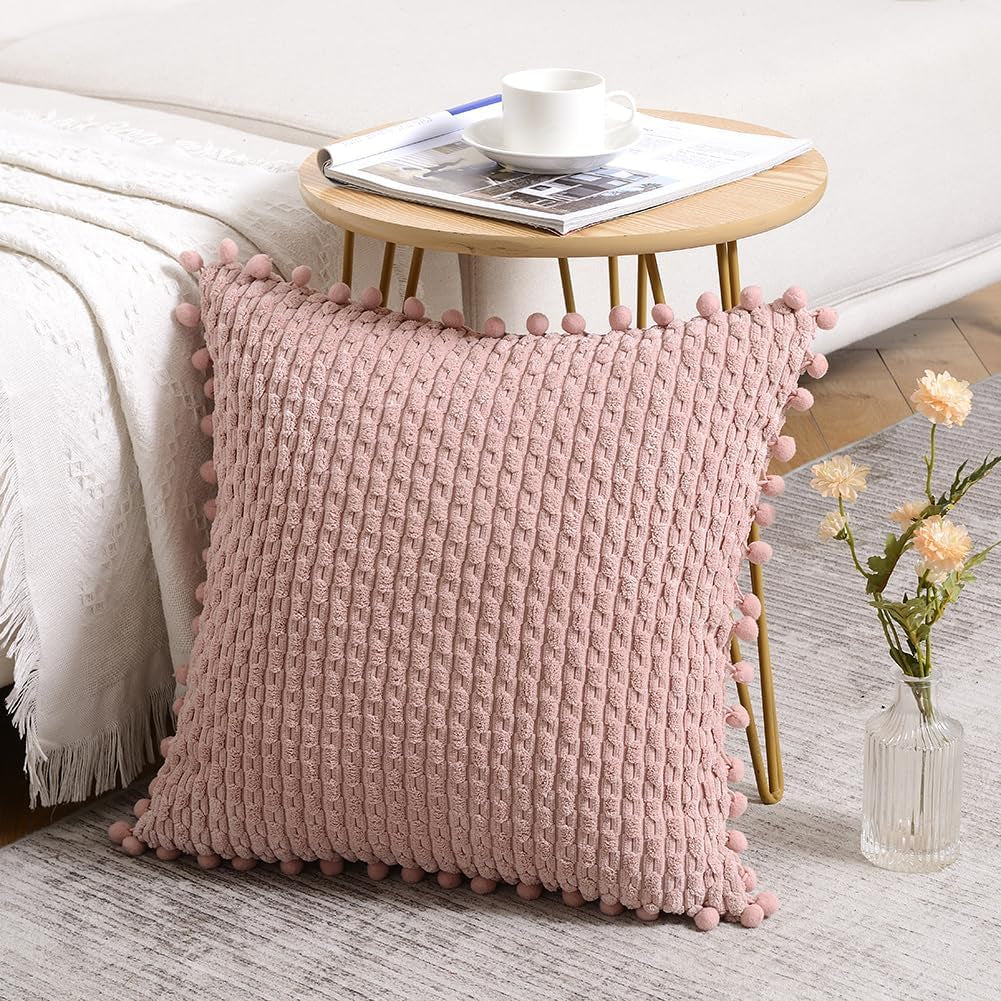 2 Packs Dusty Pink Decorative Throw Pillow Covers 18X18 Inch with Pom-Poms for Couch Bedroom Living Room, Farmhouse Boho Home Decor, Soft Cute Plush Corduroy Blush Cushion Case 45X45 Cm