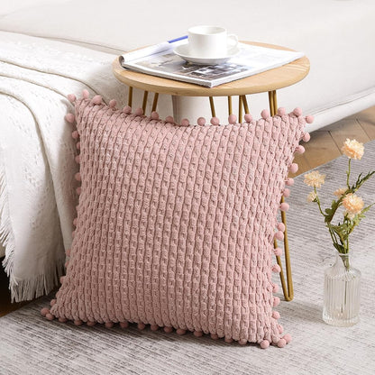 2 Packs Dusty Pink Decorative Throw Pillow Covers 18X18 Inch with Pom-Poms for Couch Bedroom Living Room, Farmhouse Boho Home Decor, Soft Cute Plush Corduroy Blush Cushion Case 45X45 Cm