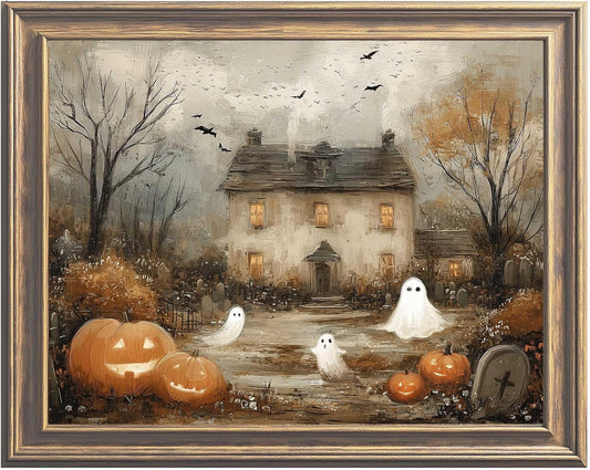 Cute Ghosts Haunted Halloween Wall Art, Farmhouse Wall Decor, Spooky Pumpkin Patch Painting Print, Vintage Country Cottage Fall Decor, Halloween Poster, Unframed (11 X 14 Inch)