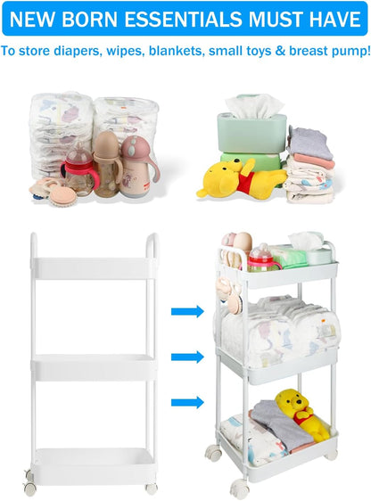 Diaper Caddy Organizer, 3-Tier Movable Diaper Cart with Wheels, Newborn Essentials Must Haves, Diaper Caddy for Wipes & Diapers, Baby Registry Search - Plastic White