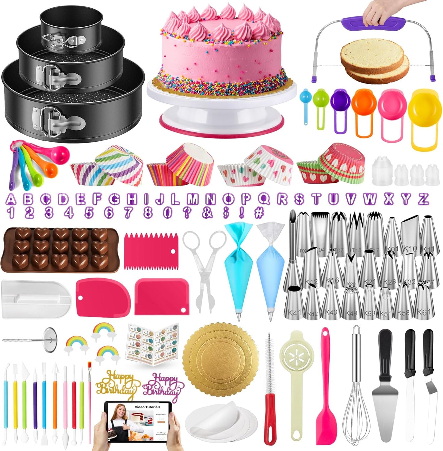 700Pcs Cake Decorating Kit, Baking Supplies with Springform Pans, Cake Turntable for Decorating, Piping Tips, Pastry Bags, and More Baking Tools