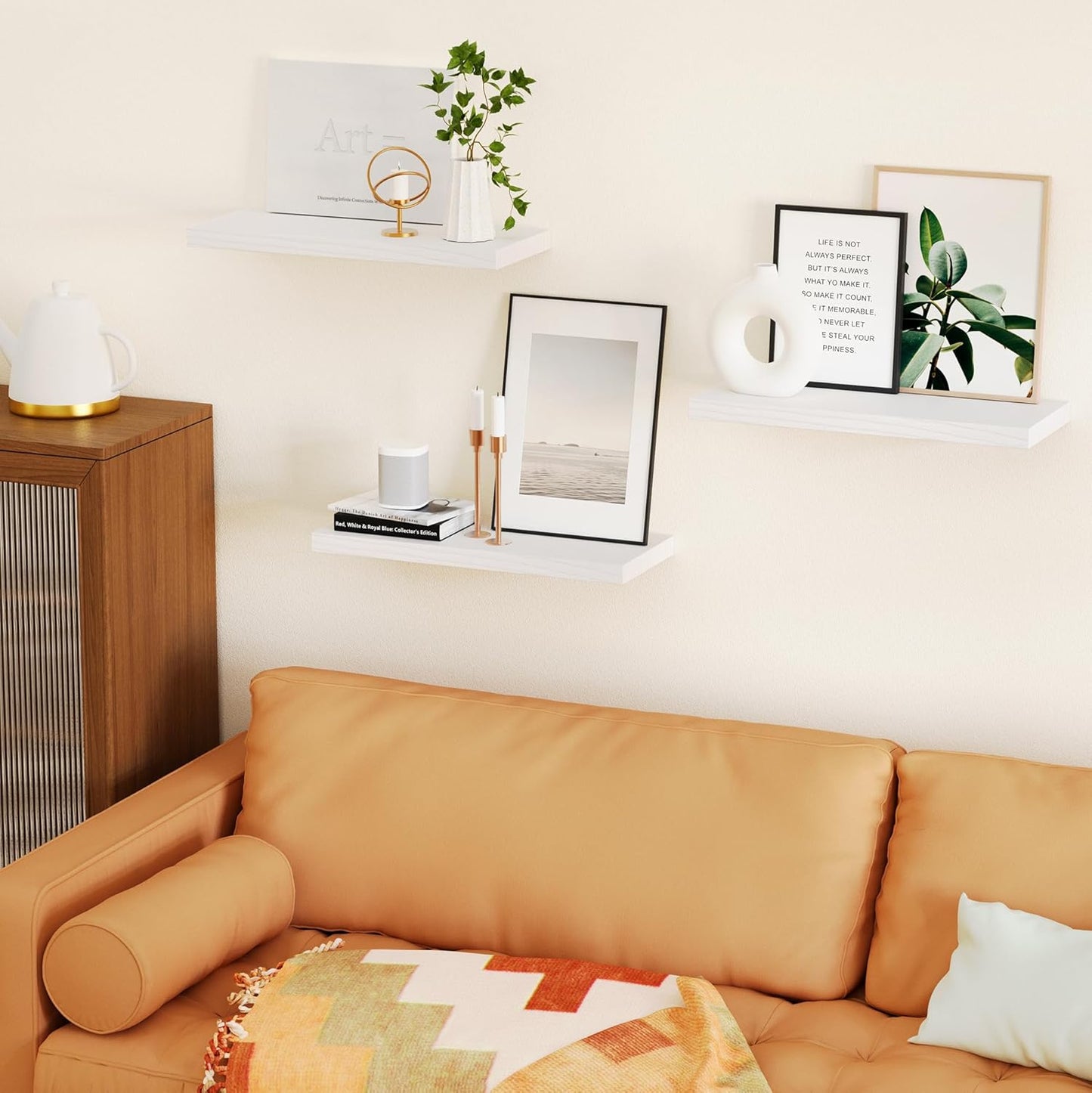 3 Packs Floating Shelves for Room Wall Accent Mounted Bookshelf Storage Bathroom Bedroom Living Room Hanging Kitchen Display Office Plant Book Gaming Dorm Decor Bath Cute Shelf Decore Decir White Wood