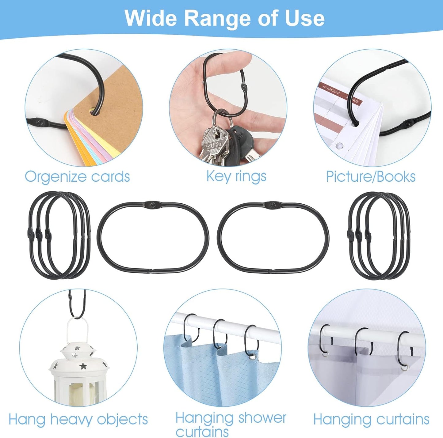 Shower Curtain Rings, 12 Pcs Shower Curtain Hooks, Oval Snap Shower Rings for Curtain, Metal Black Shower Curtain Rings Rust Proof, Glide Smoothly Shower Hooks for Shower Curtain Rod (Black)