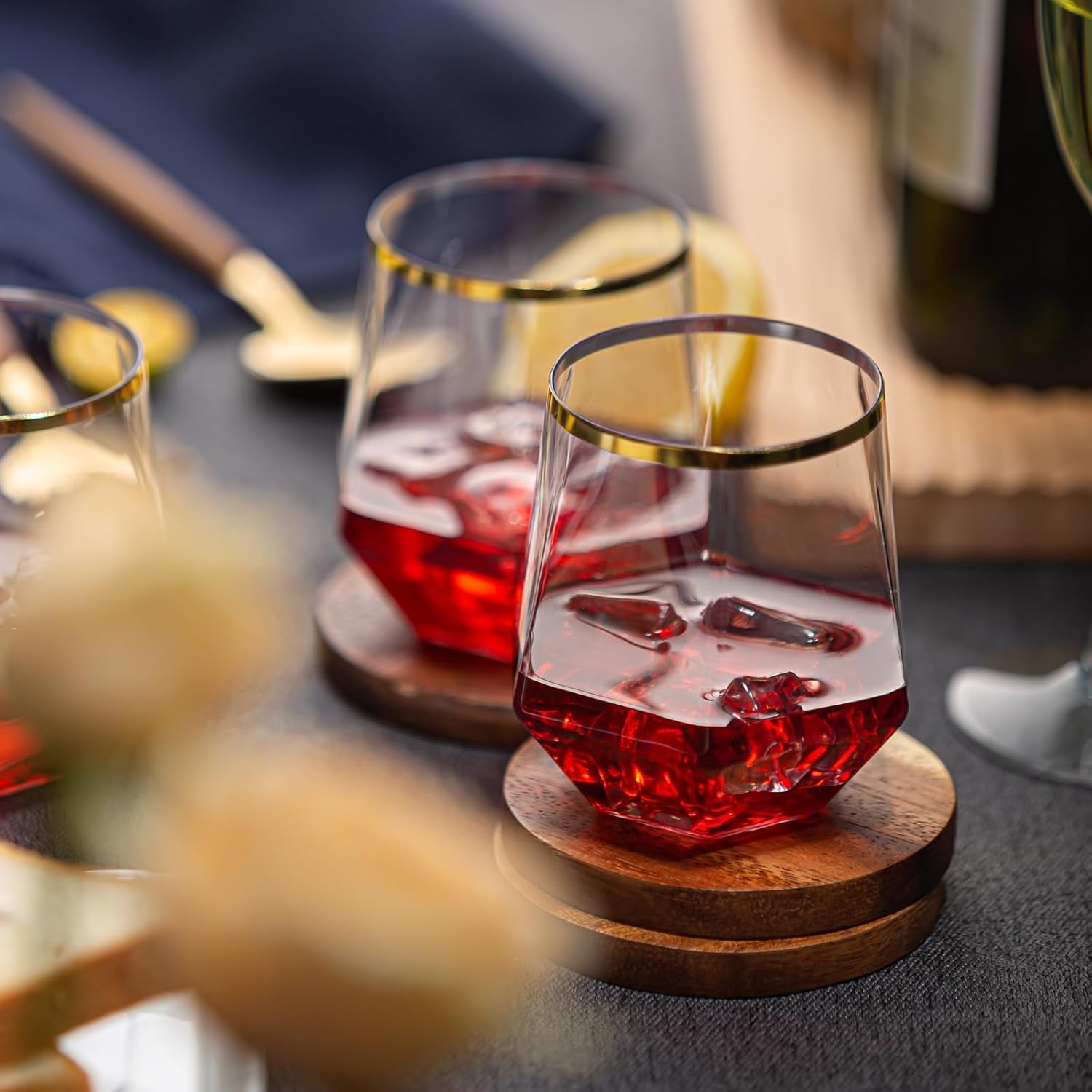 40 Pack Diamond Plastic Wine Glasses,Unbreakable Stemless Whiskey Cocktail Wine Champagne Glasses,12 Ounce Durable Disposable Cups Gold Rim for Parties, Weddings, Birthdays