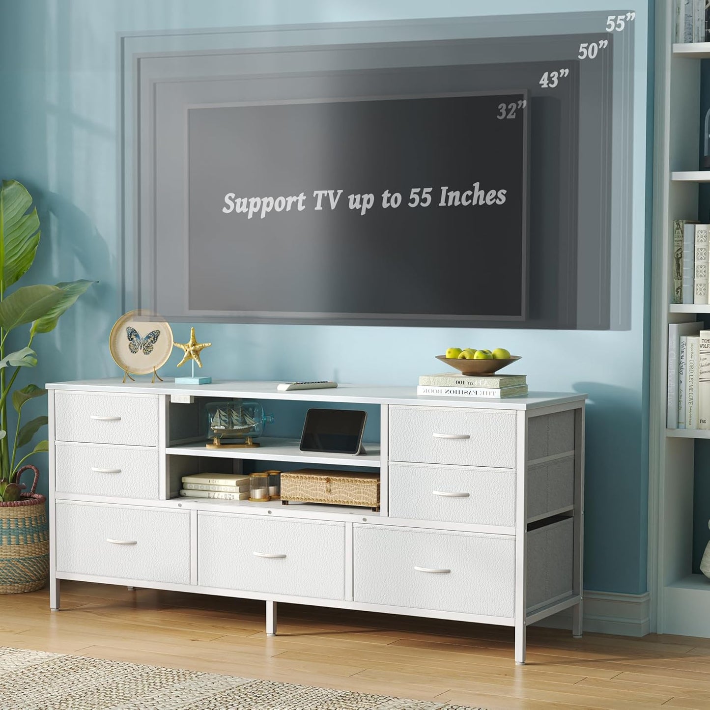 Elegant Bedroom Dresser with Power Outlets and LED Lighting, 7-Drawer TV Stand for Up to 55-Inch TVs, 47-Inch Console with Open Shelf, Wide White PU Leather Finish