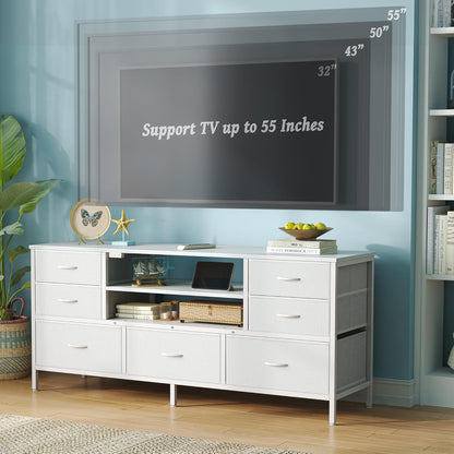 Elegant Bedroom Dresser with Power Outlets and LED Lighting, 7-Drawer TV Stand for Up to 55-Inch TVs, 47-Inch Console with Open Shelf, Wide White PU Leather Finish