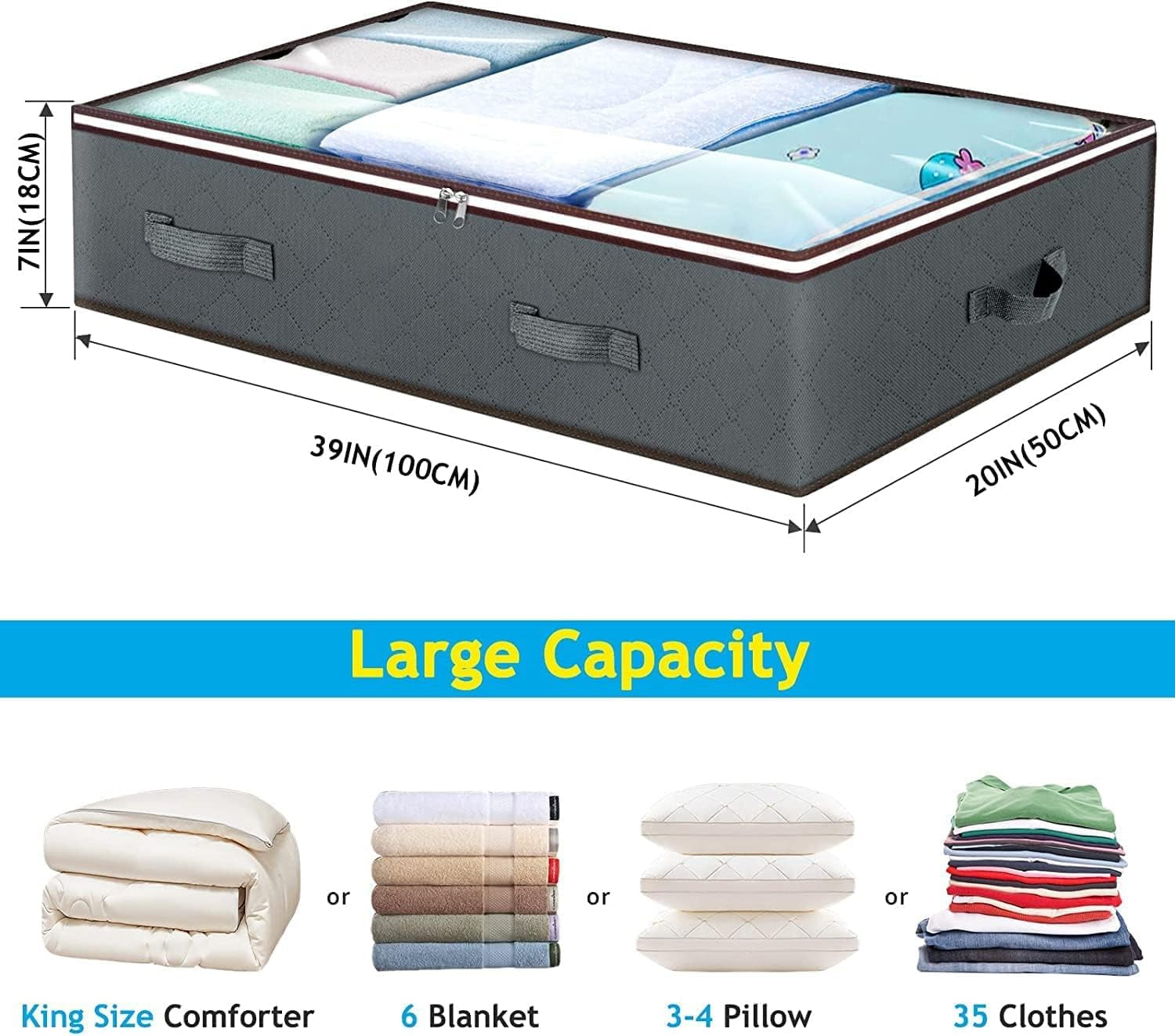 90L under Bed Storage Containers, Underbed Toy Organizers and Clothing Storage Bags, Closet Storage Bins with Clear Window for Organizing Blanket Comforter Bedding Clothes Bedroom Dorm, 2 Pack