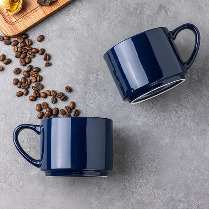14 oz Stackable Ceramic Coffee Mug Set of 6 in Navy Blue - Modern Cups for Latte, Cappuccino, and Hot Cocoa - Dishwasher and Microwave Safe