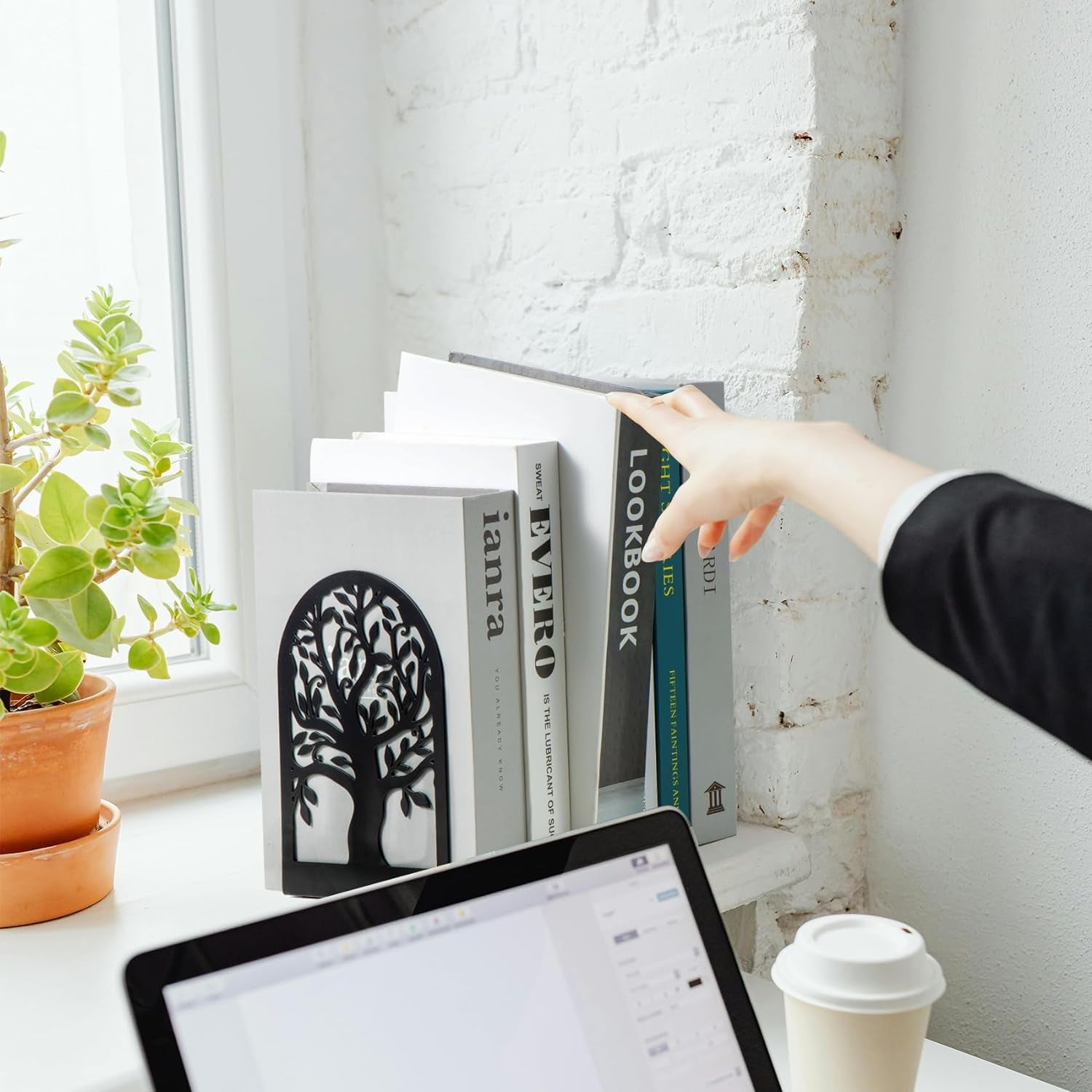 Book Ends, Metal Bookends for Shelves, Modern Tree Book Ends Decorative, Heavy Duty Book Holders Book Stoppers for Home Office Decor, 6.9"X4.7"X3.5" (5 Pairs/10 Pcs)