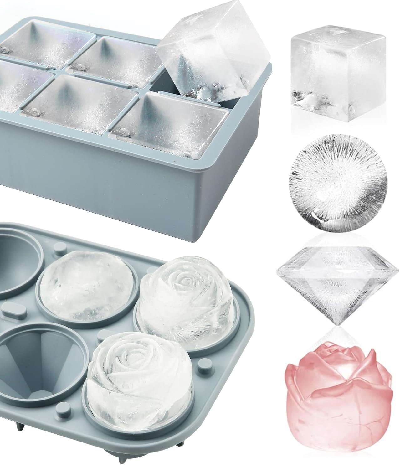2Pack Silicone Square and round Ice Cube Trays for Freezer - Sphere, Rose, Diamond Ice Molds for Whiskey, Cocktails & DIY, Gray