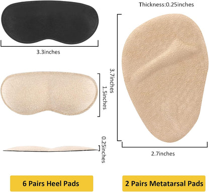 Heel Inserts for Women, 6 Pairs Heel Pads and 2 Pairs Metatarsal Pads Women, Ball of Foot Cushions for Women All Day Pain Relief, Heel Cushion Heel Grips Shoes Too Big Inserts