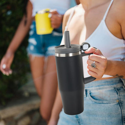 32Oz Tumbler, Insulated Stainless Steel Water Bottle with Straw, Cover Cap, Leak Proof Travel Tumbler with Handle, Bpa-Free, Cupholder Friendly, Gifts for Women & Men, Black