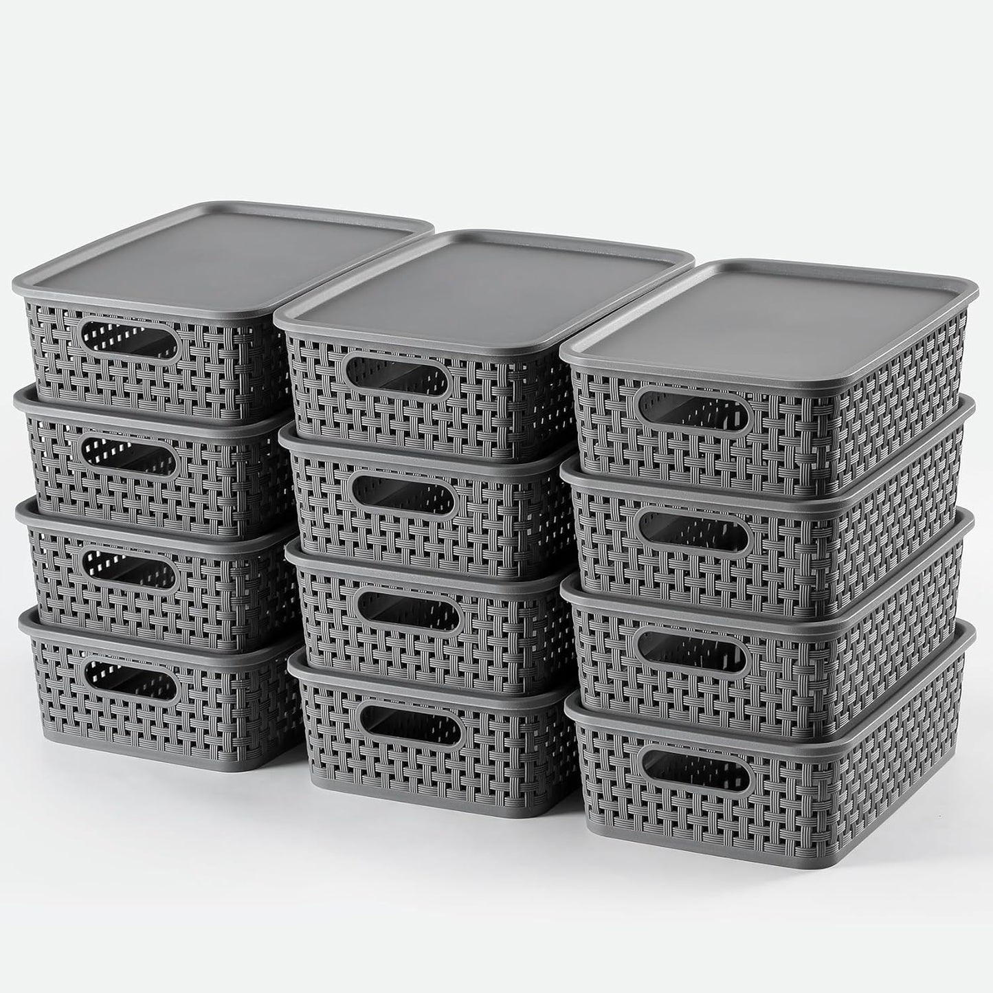 [ 12 Pack ] Plastic Storage Baskets with Lids, Small Pantry Organization, Stackable Storage Bins, Household Organizers for Cabinets, Countertop, Drawers, under Sink or on Shelves,Gray