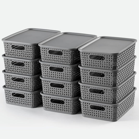 [ 12 Pack ] Plastic Storage Baskets with Lids, Small Pantry Organization, Stackable Storage Bins, Household Organizers for Cabinets, Countertop, Drawers, under Sink or on Shelves,Gray