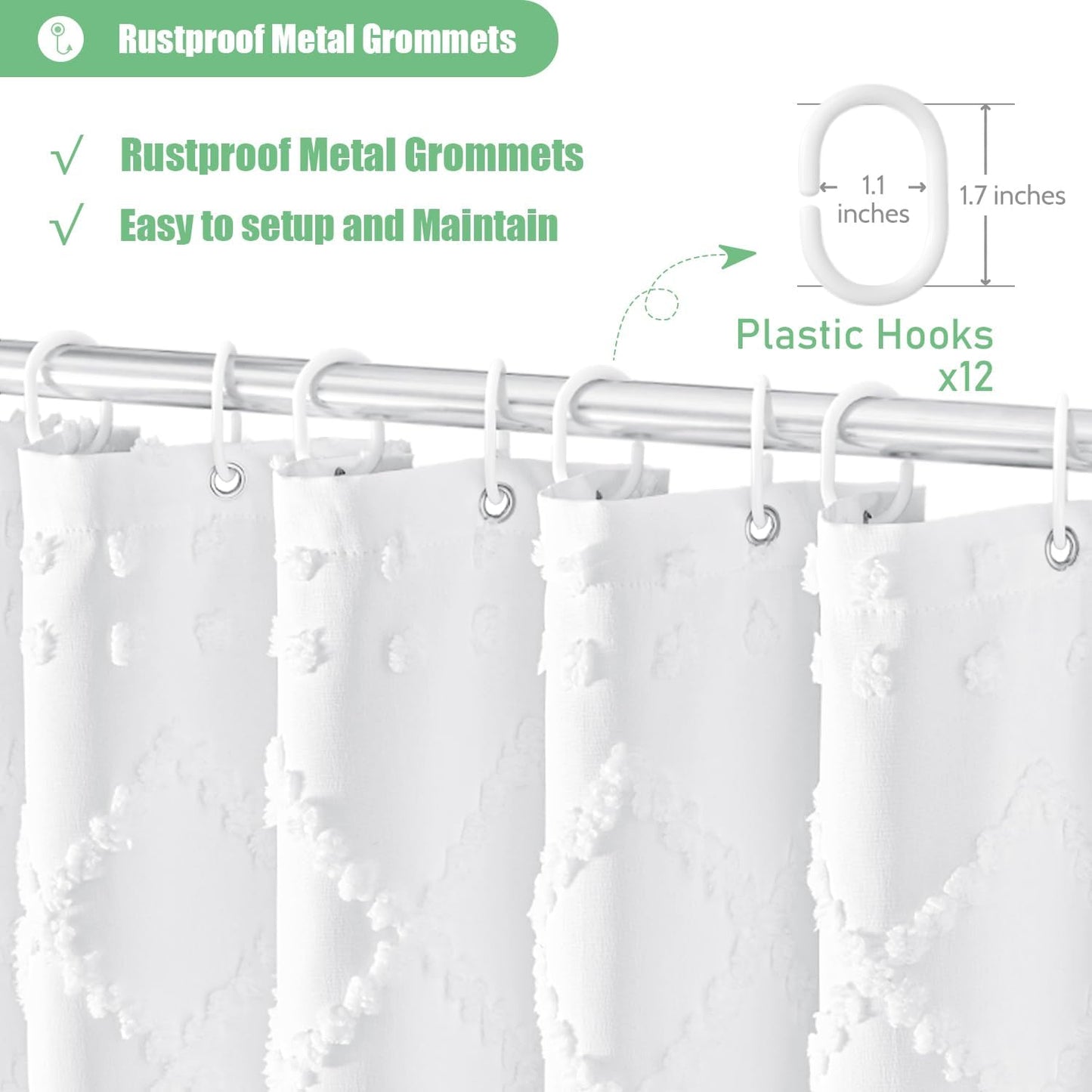White Fabric Shower Curtain, Boho Tufted Geometric Striped Tassel Shower Curtain for Bathroom, Shabby Chic Textured Modern Farmhouse Waterproof Cloth Shower Curtain Set, Wrinkle Free, 72X72