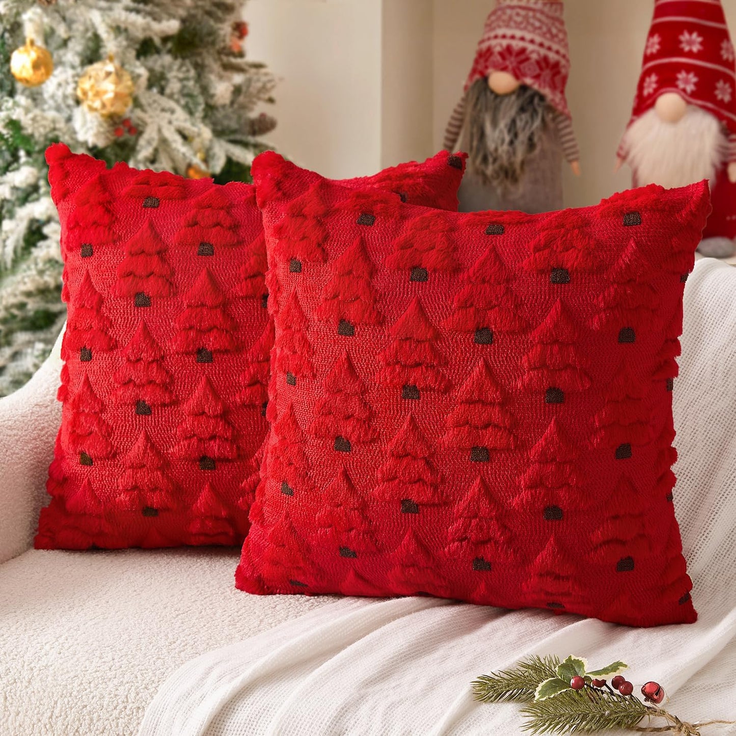 Christmas Tree Decorative Pillow Covers Faux Fur Wool Throw Pillows Soft Plush Cushion Covers Set of 2 Xmas Home Decor Winter Holiday for Sofa Couch Livingroom Bed 18X18 Inch Red