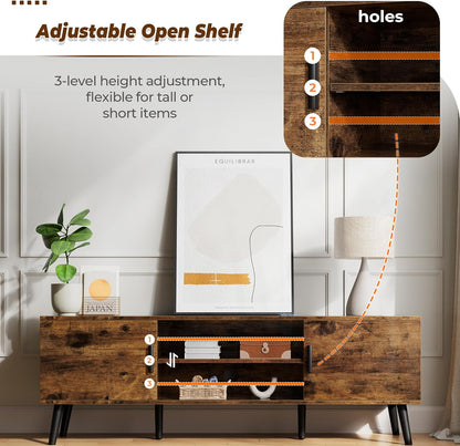 55-Inch TV Stand and Entertainment Center with Adjustable Shelves, Dual Cabinets, Solid Wood Feet, and Cord Management for Living Room and Bedroom in Rustic Brown Finish