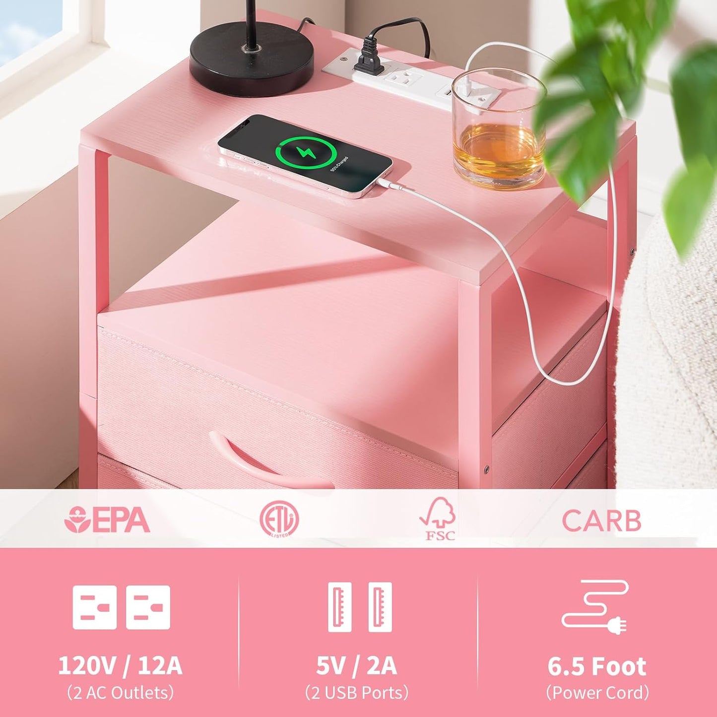 Nightstand with Charging Station, Small Night Stand with Fabric Drawers and Storage Shelf for Bedrooms, Nightstands for Small Spaces, Bedside Table with USB Ports & Outlets Bed Side Table