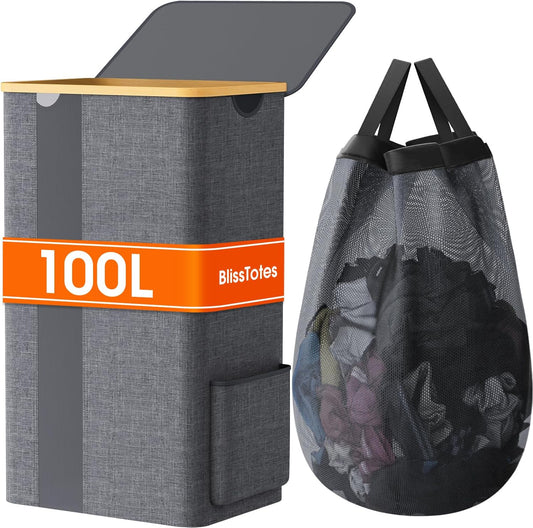 100L Laundry Basket with Lid, Removable Laundry Bag and Handles, Breathable Design Hamper for Bedroom, Bathroom, Dorm, and Laundry Room - Light Grey