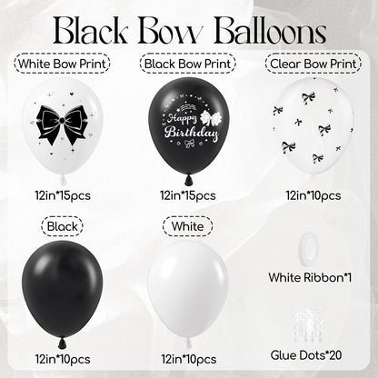 60Pcs Black Bow Balloons 12Inch with White Black Clear Bow Balloons for Coquette Black and White Birthday Party Decorations