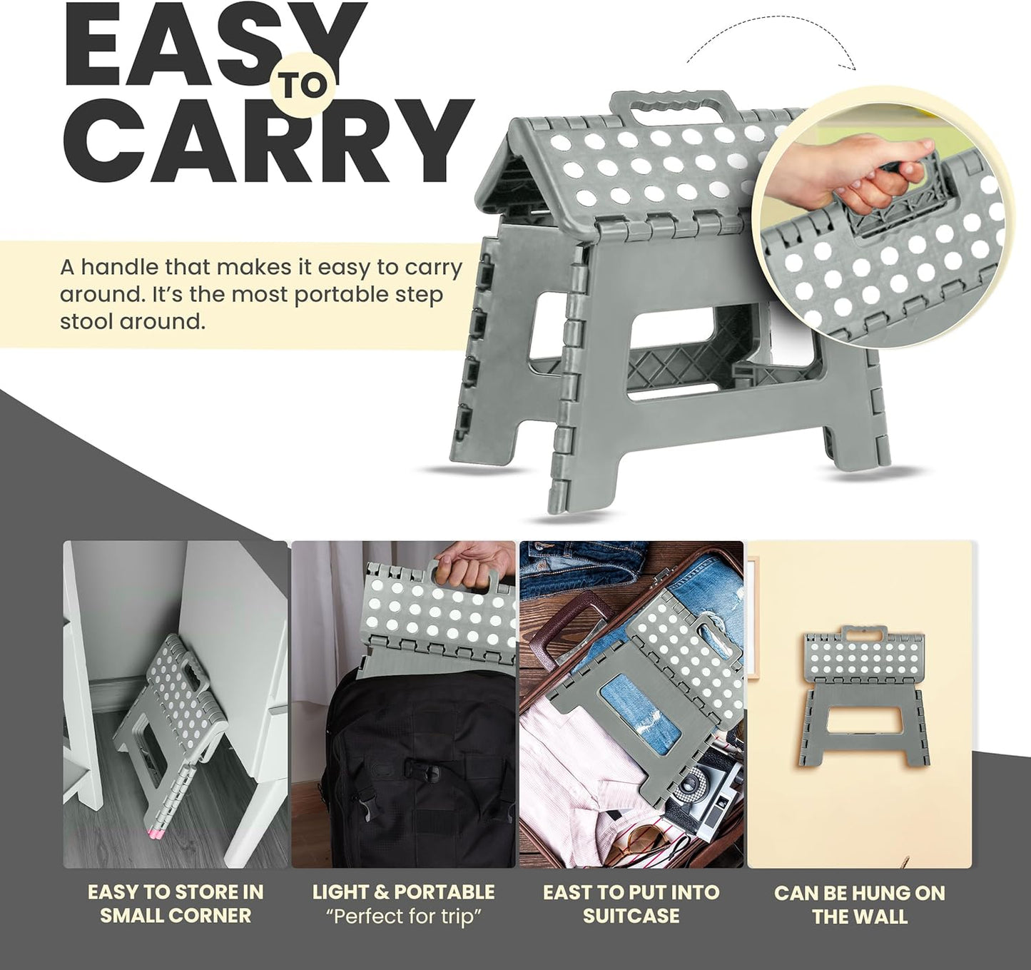 Folding Step Stool with 9 Inch Height (Pack of 1) - Holds up to 300 Lbs - Lightweight Plastic Foldable Step Stool for Kitchen, Bathroom & Living Room (Light Grey)