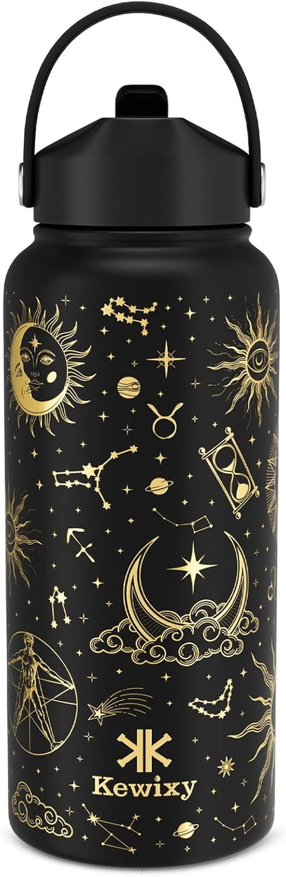 32 Oz Insulated Stainless Steel Water Bottle with Flip Straw and Handle, Leak Proof, Reusable, Wide Mouth Design - Golden Sparkle for Travel, Gym, and School