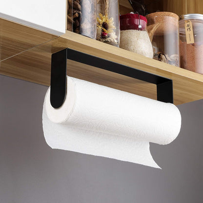Wall-Mounted Black Paper Towel Holder - Self-Adhesive Under-Cabinet Rack in SUS-304 Stainless Steel for Kitchen Use