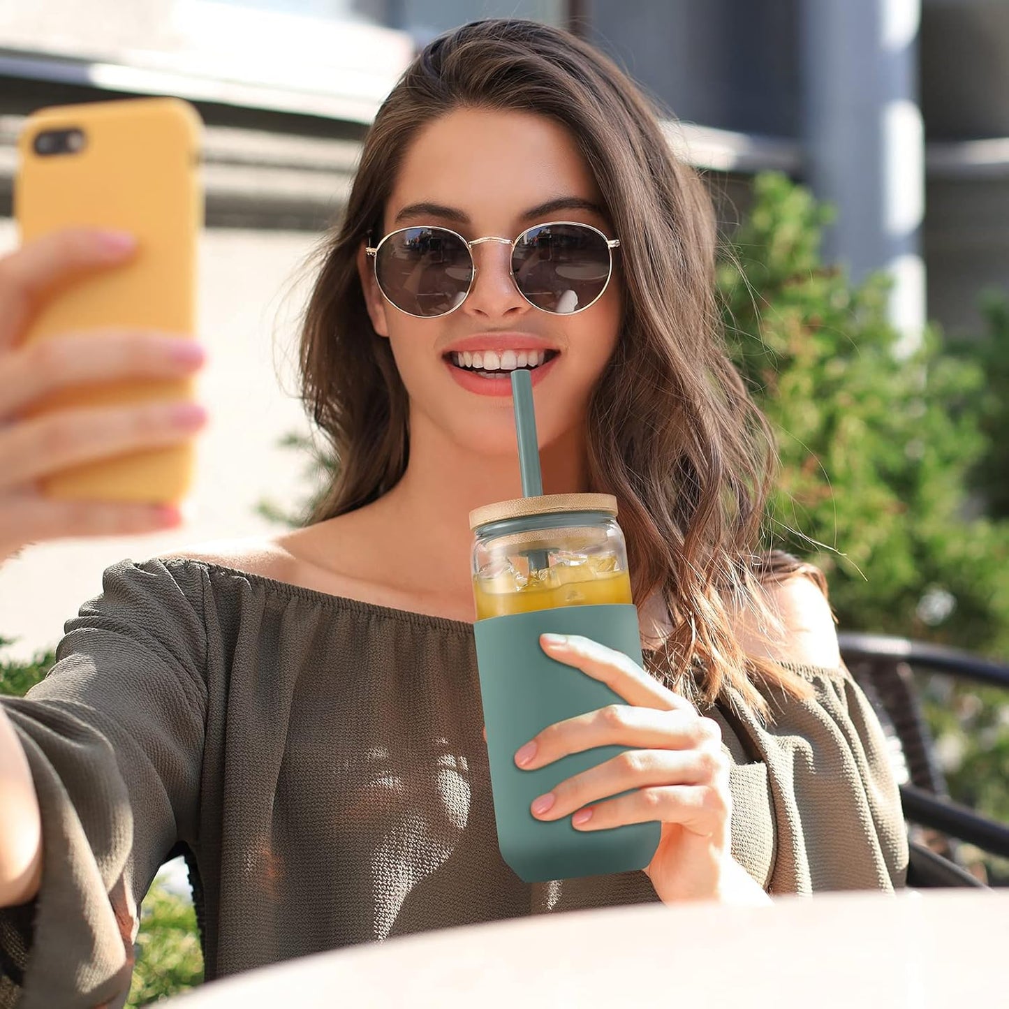 20Oz Glass Water Tumbler with Silicone Protective Sleeve - Beer Shaped Glass Cups with Straw and Bamboo Lid, Iced Coffee Glasses, Cute Drinking Glasses for Water, Smoothie, Gift - Cambridge Blue