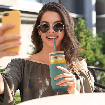 20Oz Glass Water Tumbler with Silicone Protective Sleeve - Beer Shaped Glass Cups with Straw and Bamboo Lid, Iced Coffee Glasses, Cute Drinking Glasses for Water, Smoothie, Gift - Cambridge Blue