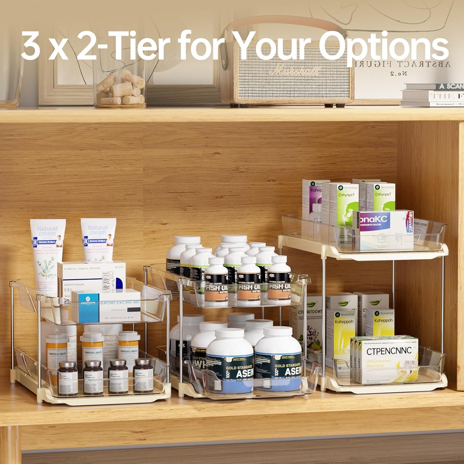 2 Sets of 3-Tier Bathroom under Sink Organizers and Storage, Multi-Purpose Stackable Pantry Organization and Storage, Beige