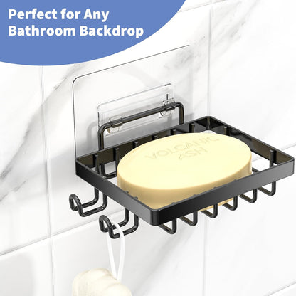 Black Soap Dish, Soap Bar Holder for Shower, No Drilling Bathroom Accessories, Wall Mounted Soap Holder with Hooks, Shower Rack Tray Bar for Suitable for Bathroom, Kitchen Sink