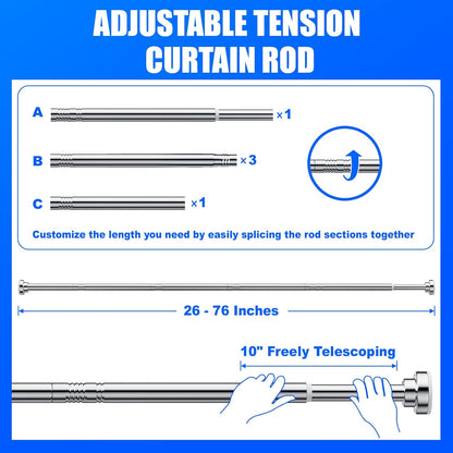 Shower Curtain Rod Tension - 26-76 Inch Never Rust Non-Slip Spring Tension Curtain Rod No Drilling Stainless Steel Curtain Rod Use Bathroom Kitchen（Silver）