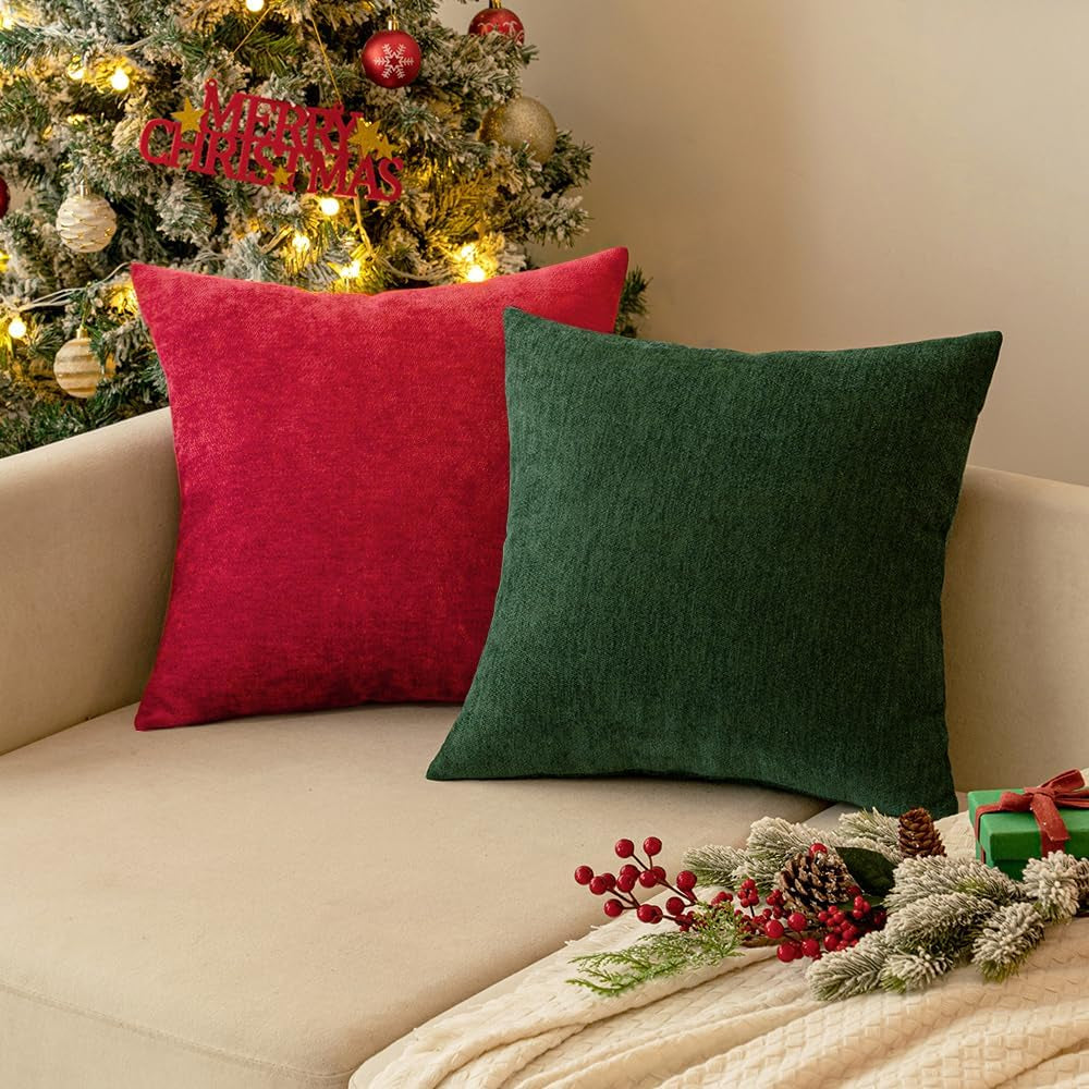 Pack of 2 Red Decorative Christmas Pillow Covers 20X20 Inch Soft Chenille Couch Throw Pillows Farmhouse Cushion Covers for Home Decor Sofa Bedroom Living Room