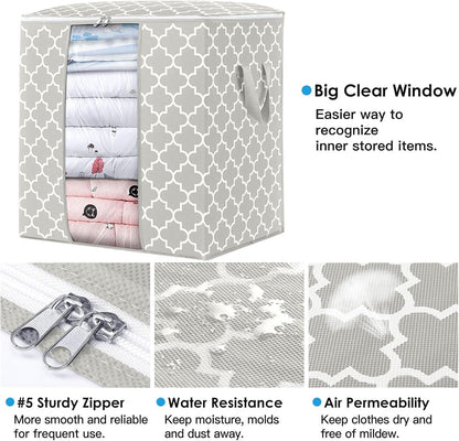 Storage Bags 3 Pack/100L Large Blanket Clothes Organization and Storage Containers for Comforters,Bedding, Foldable Organizer with Reinforced Handle, Clear Window, Sturdy Zippers,Lvory