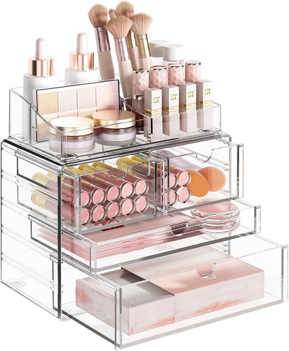 4-Tier Clear Makeup Organizer with Drawer, Acrylic Cosmetic Display Case for Makeup Vanity Bathroom Counter Organizers and Storage, Stackable Vanity Organizer for Brushes Lipsticks Skincare