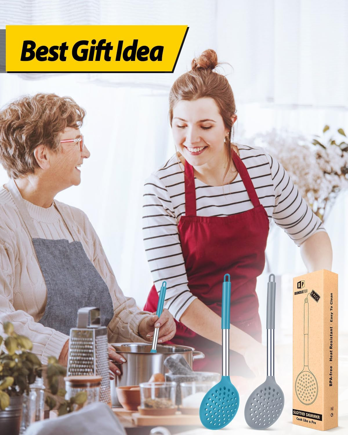 Kitchen Ladle Strainer Set of 2 Large Slotted Spoon with High Heat Resistant BPA Free Non Stick Cooking Skimmers for Draining and Frying (Grey and Teal Blue)