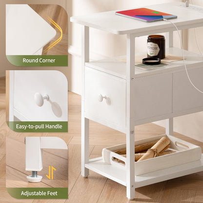 End Table with Charging Station, Narrow Side Table with Adjustable Fabric Drawer, 3-Tier End Tables Living Room, Small Nightstand with Outlets, LED Skinny Night Stand for Bedroom Small Spaces