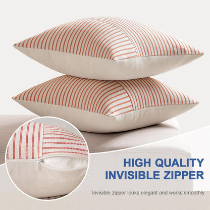 Fall Rust and Beige Patchwork Farmhouse Pillow Covers 18X18 Inch, Pack of 2 Striped Linen Decorative Modern Accent Pillow Cases for Sofa Couch Bedroom