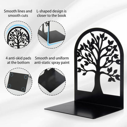 Book Ends, Metal Book Ends to Hold Books, Tree Decorative Bookends for Shelves, Black Book Stopper Bookend for Heavy Books, Book Holder for Shelf Home Office, 6.8 X 4.7 X 3.5(3 Pair/6 Pcs)