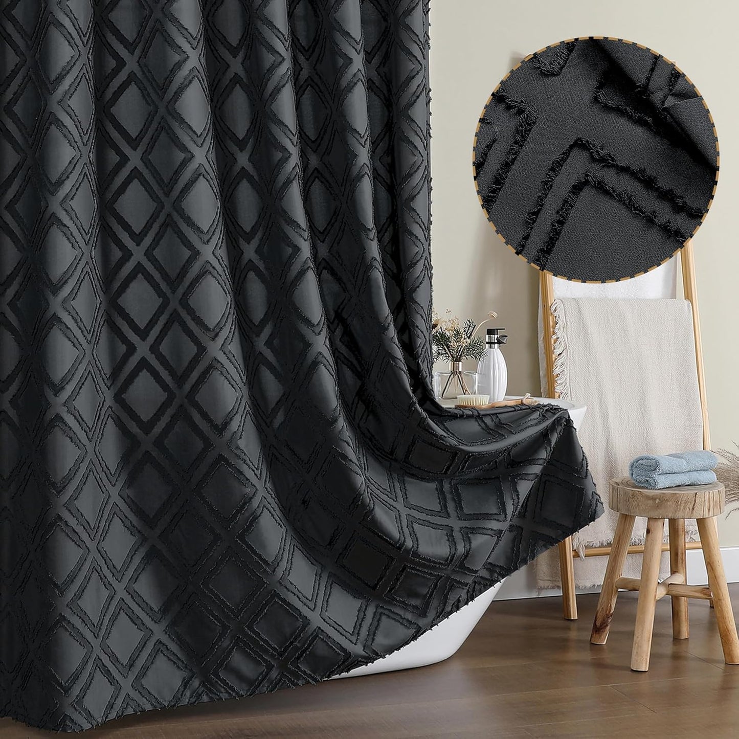 Black Shower Curtain Set for Bathroom, 36 “ Width Stall Small Boho Shower Curtain with 12 Hooks, Soft Lightweight Jacquard Design Fabric Shower Curtain, Machine Washable, Black, 36 W X 72 L