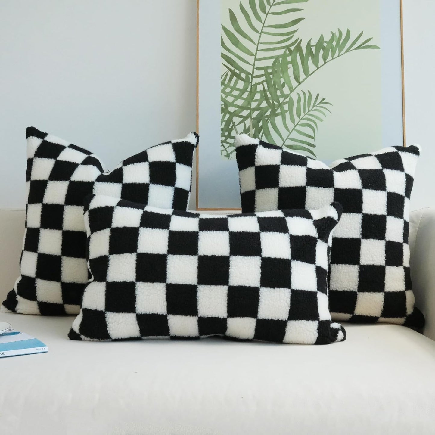 Decorative Throw Pillow Covers Luxury Style Checkerboard Pattern Cushion Case Super Soft Faux Fur Wool Pillowcases for Couch Bedroom Pack of 2 (Black, 18 X 18-Inch)