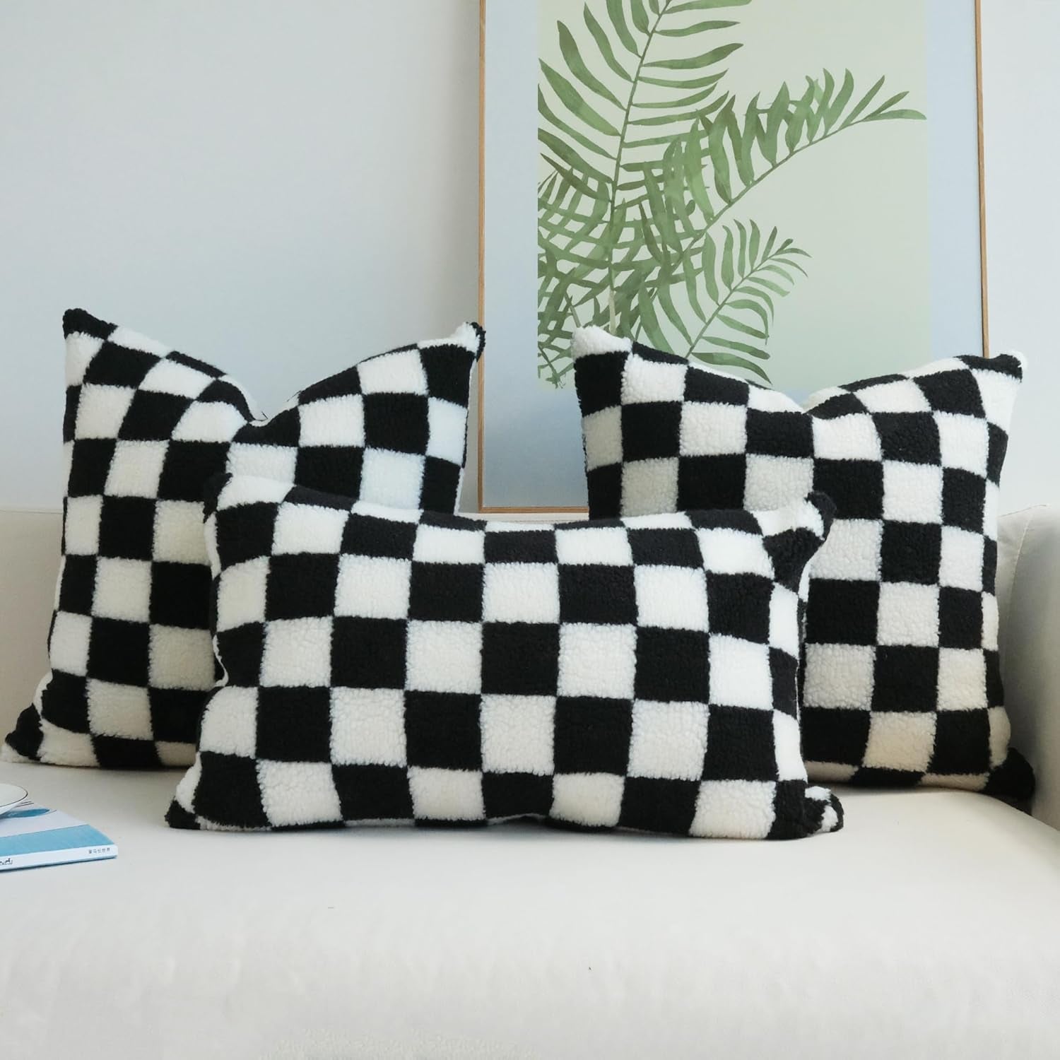 Decorative Throw Pillow Covers Luxury Style Checkerboard Pattern Cushion Case Super Soft Faux Fur Wool Pillowcases for Couch Bedroom Pack of 2 (Black, 18 X 18-Inch)