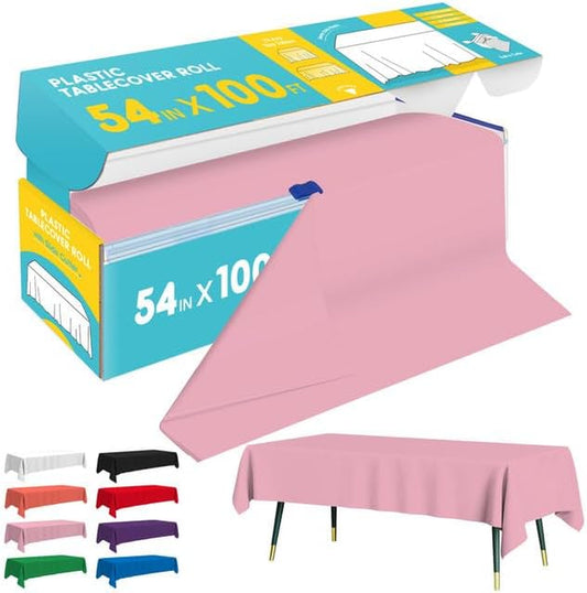 Pink Plastic Table Cover Roll - 54IN X 100FT, Table Cloth for Rectangle Table with Slide Cutter, Plastic Table Cloth Disposable with Cut-To-Size Design for Weddings, Banquets, Parties